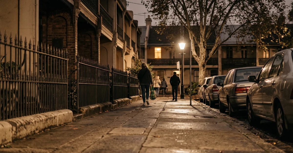 Inner-city terrace street footpath at night under a streetlight