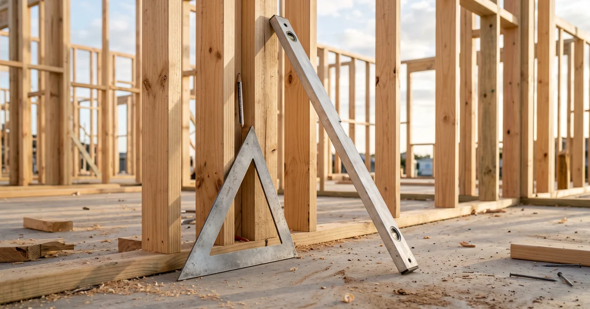 Spirit level and square resting on a partly framed timber wall