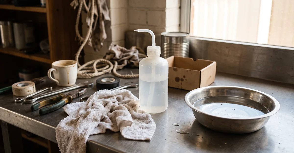 Eye-wash bottle and a wet towel on a bench