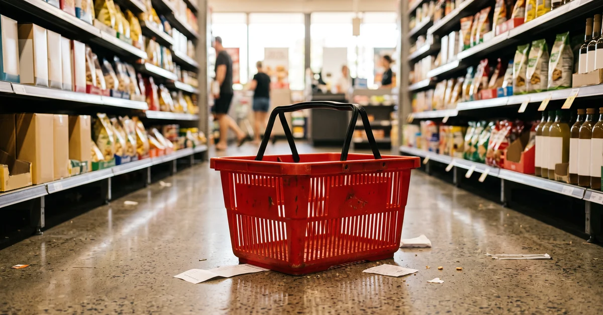 Red shopping basket with black handles sits in the grocery aisle; receipts and papers litter the floor around it.