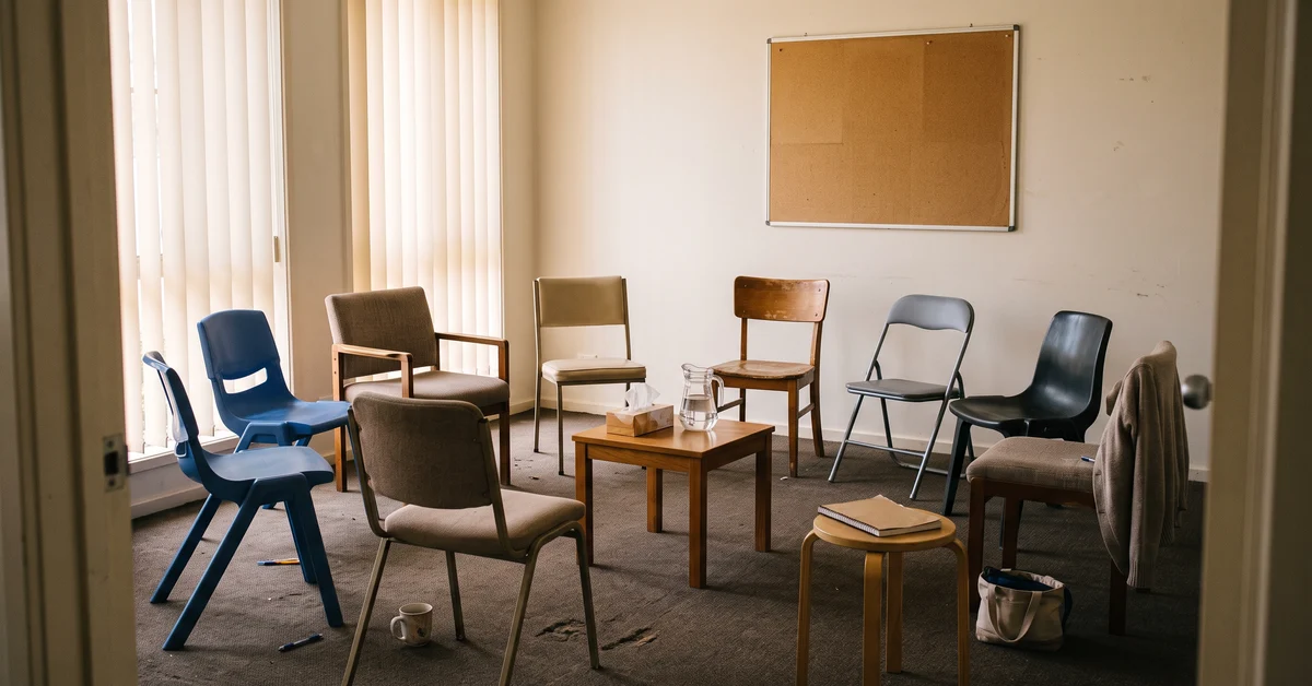 A sparse meeting room with mismatched chairs arranged in a circle around a small table, sunlit by vertical blinds and a corkboard on the wall.