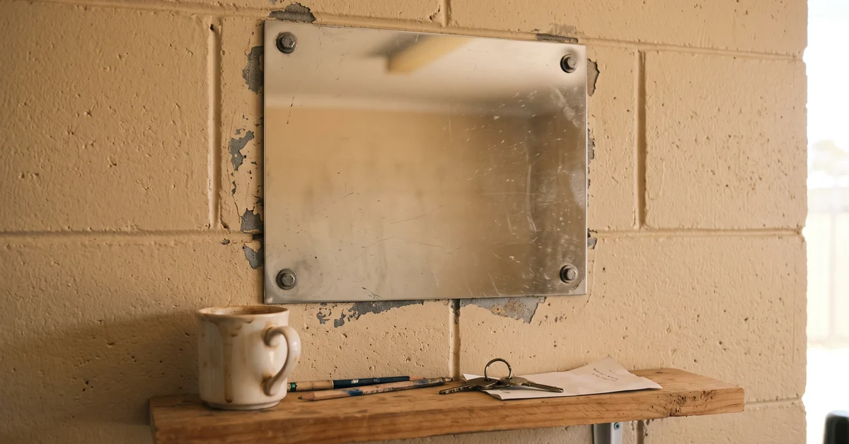 Small stainless mirror on a bare cell wall reflecting the opposite wall