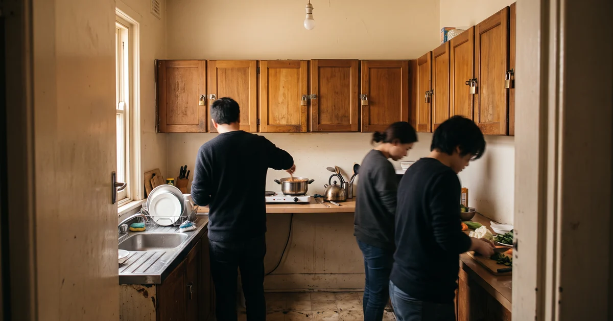 Shared boarding house kitchen with padlocked cupboards