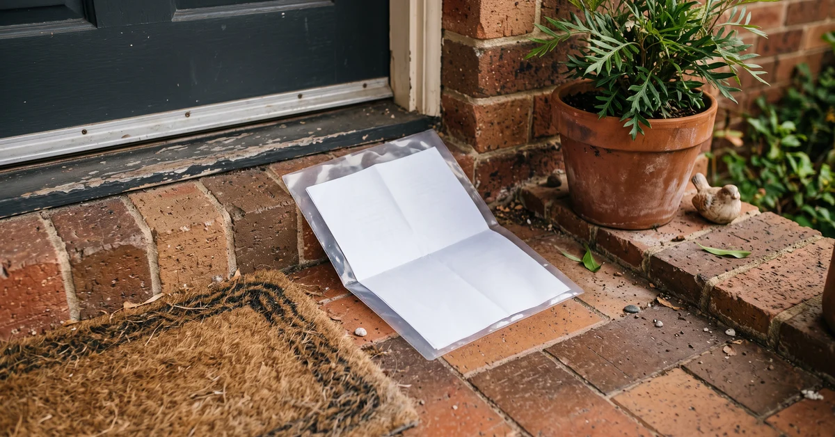 A white letter left in a clear plastic mailer on a brick doorstep next to a potted plant.