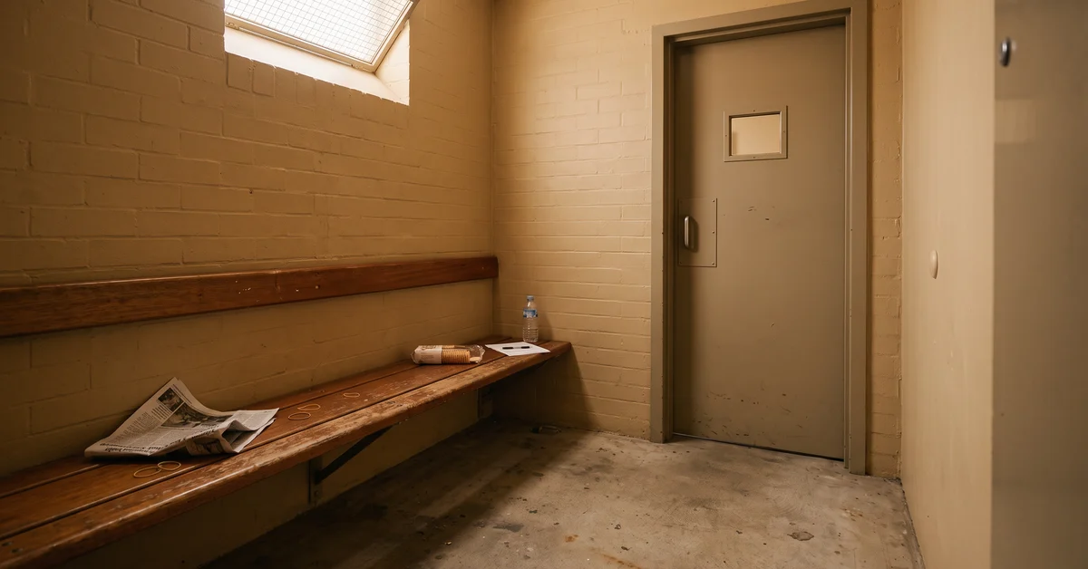 Empty court holding cell bench under a wire-glass skylight
