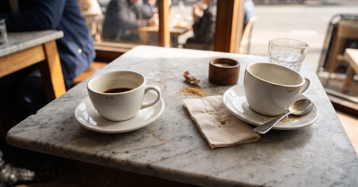 Two coffee cups on a cafe table, one pushed away