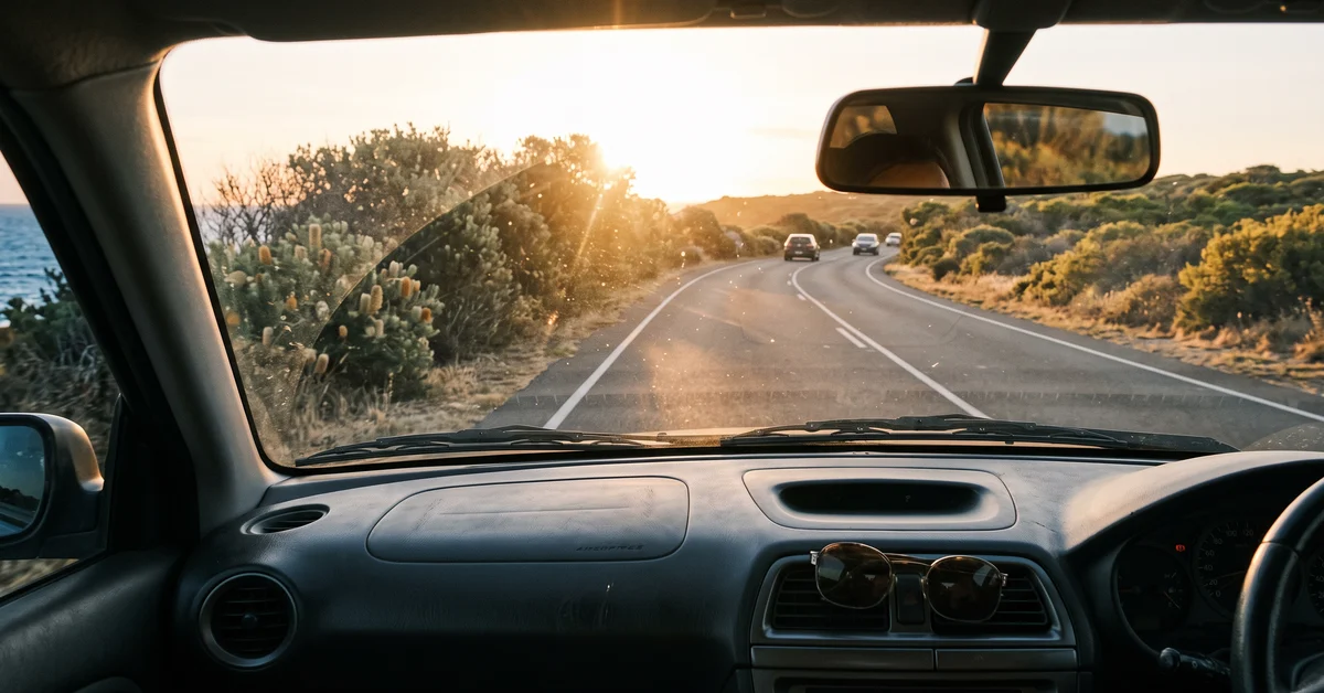 View through a car windscreen at golden hour on a coastal road
