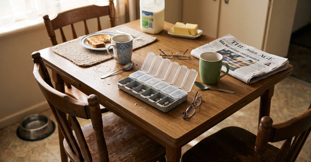 Two mugs and a medication organiser on a kitchen table