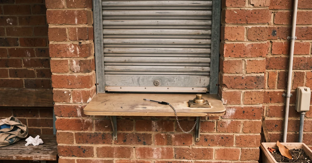 Closed metal roll shutter on a brick wall with a wooden shelf underneath; a small tool rests on the shelf and a chain hangs from the edge.
