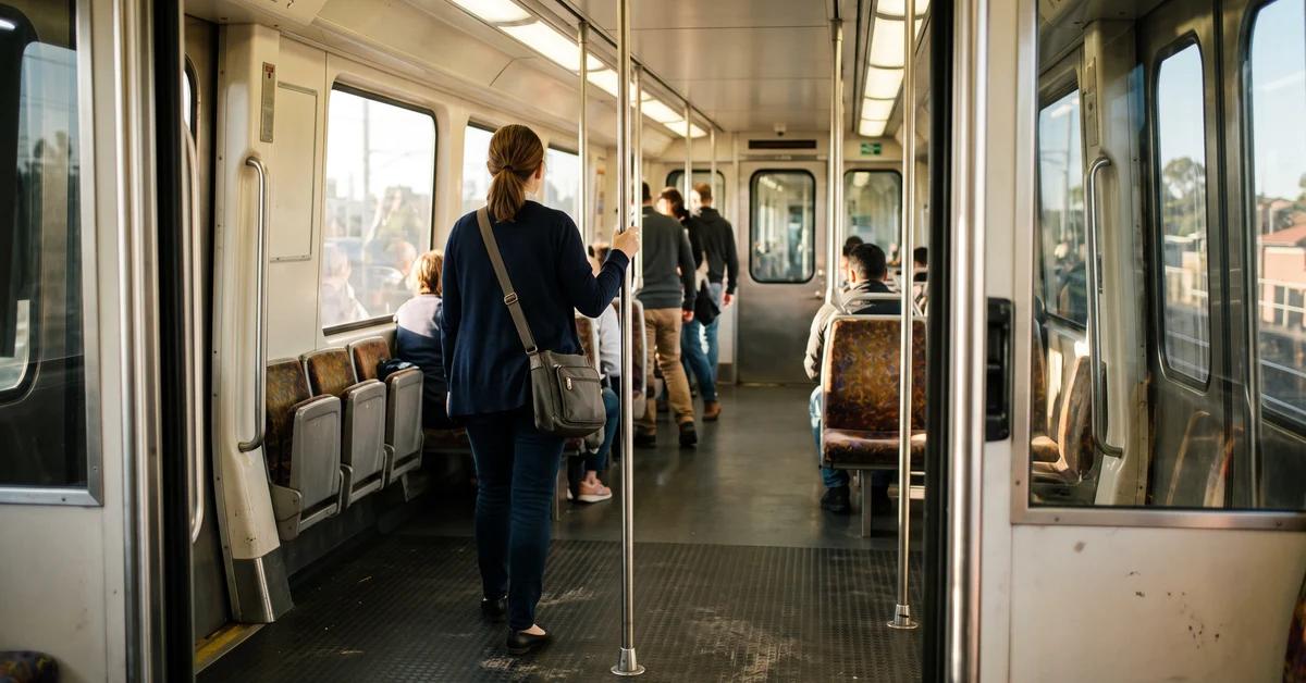 Empty train carriage vestibule with grab poles