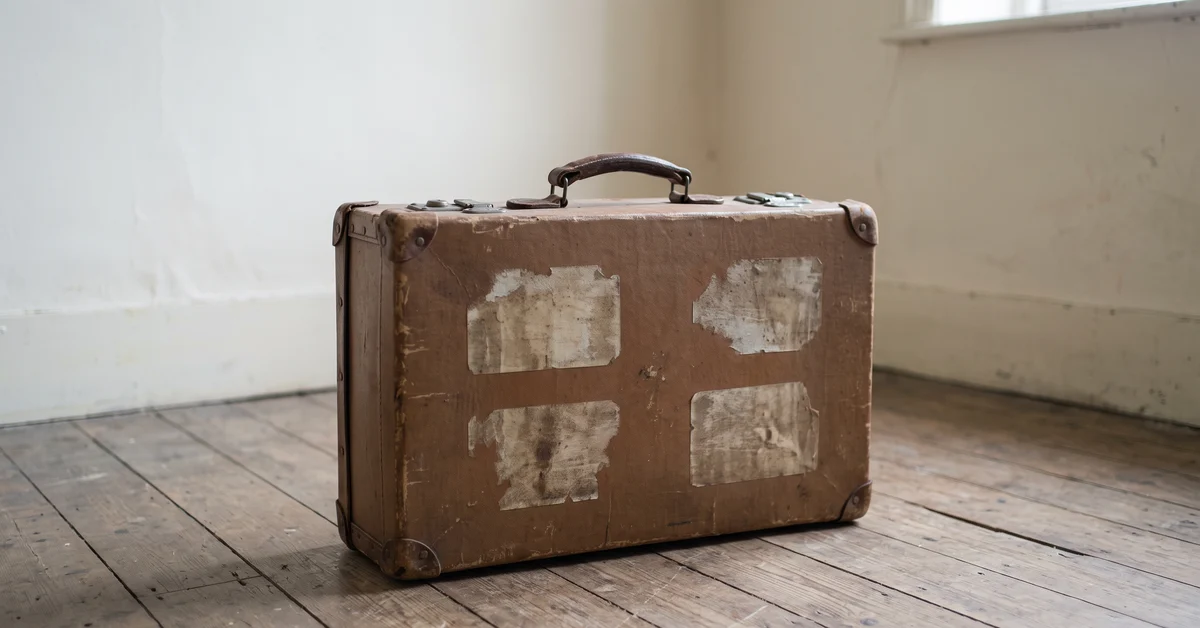 Old brown suitcase with peeling labels sits on a wooden floor in a sunlit room.