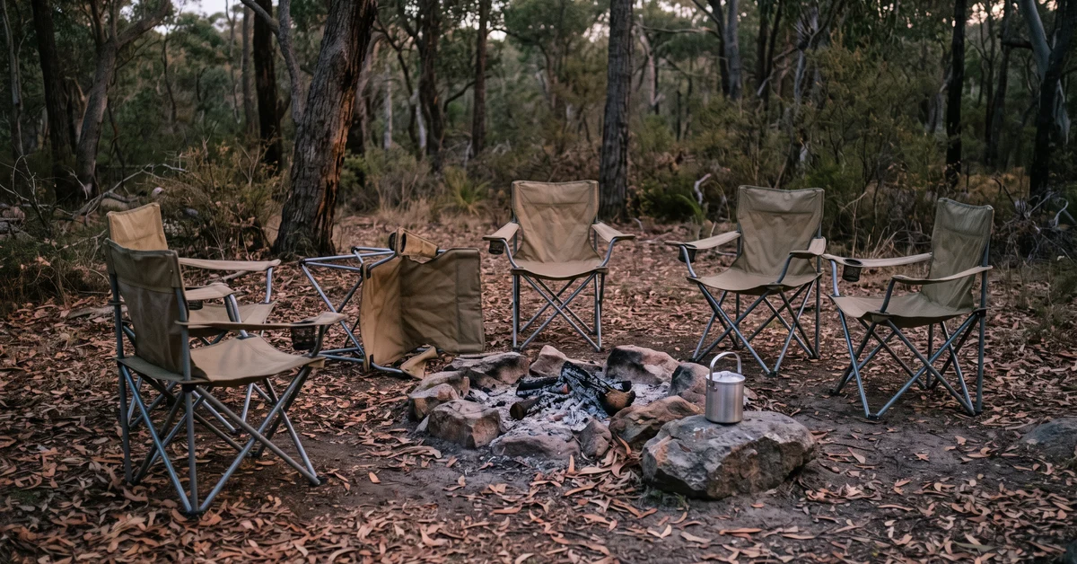Circle of beige folding camping chairs arranged around a small stone fire pit in a forest clearing, kettle resting on a rock nearby.