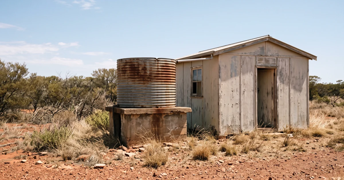 Corrugated iron water tank beside a demountable hut in dry scrub