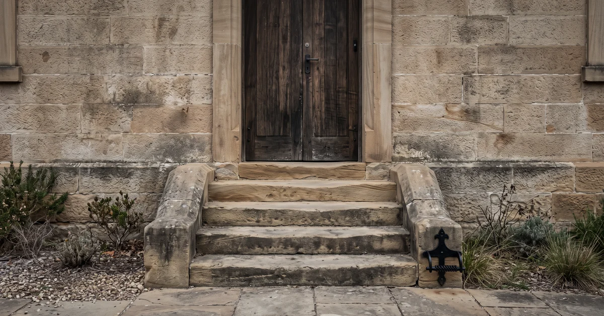 Worn stone steps up to a closed institutional door