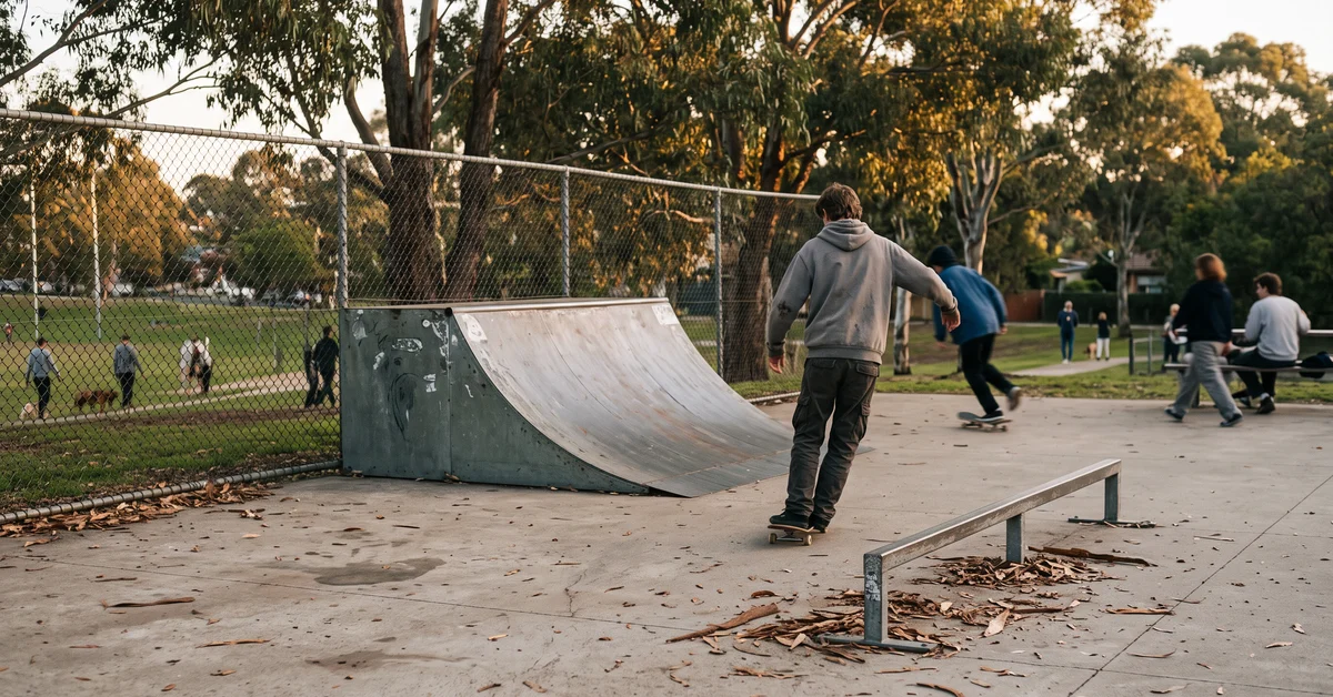 Empty suburban skate ramp and handrail at dusk
