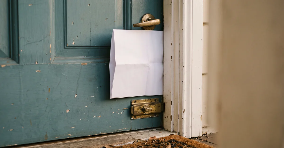 White envelope wedged under a weathered teal front door near a brass handle. Nearby doormat and dried leaves visible outside the threshold.