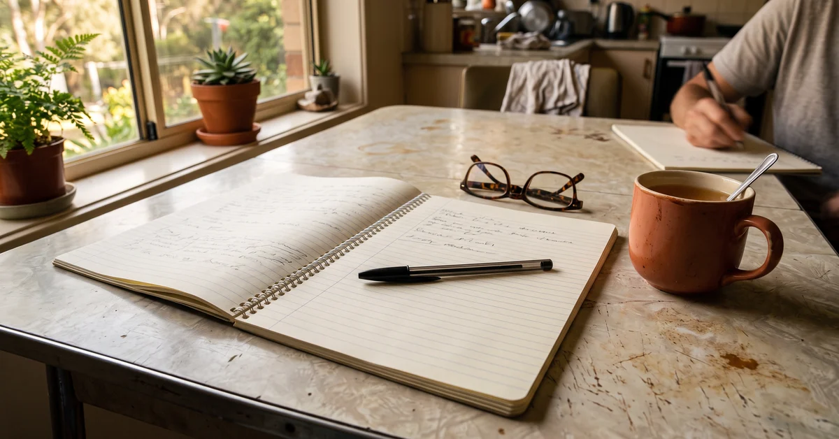 Writing pad and pen on a kitchen table in morning light