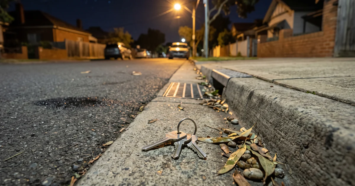 Close-up of a set of keys on the curb of a sidewalk at night, with a dim street and parked cars in the background.