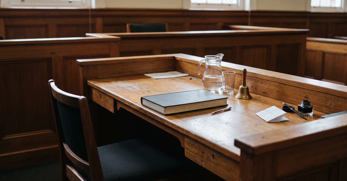 Court associate's bench with a closed ledger and water jug