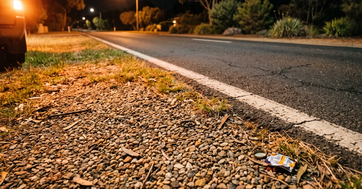 Gravel road shoulder at night lit by hazard lights out of frame
