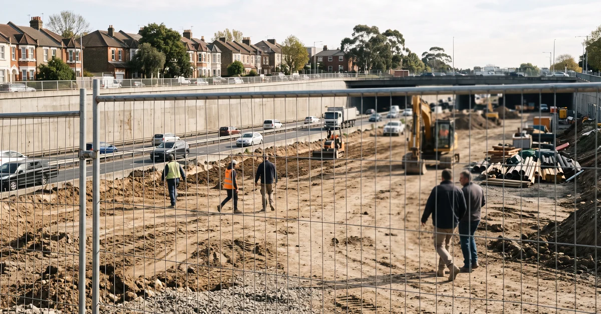 Cleared house block beside a cut motorway corridor