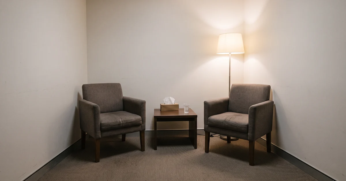 Two chairs and a box of tissues in a hospital relatives' room