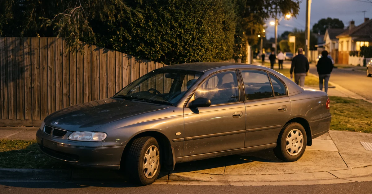 Unmarked sedan parked half on a suburban footpath at night