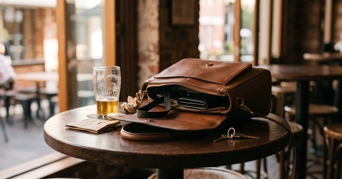 Open handbag on a city bar table with a lanyard inside