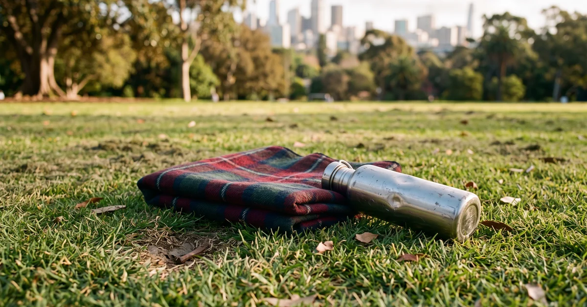 Folded picnic rug and water bottle left on park grass
