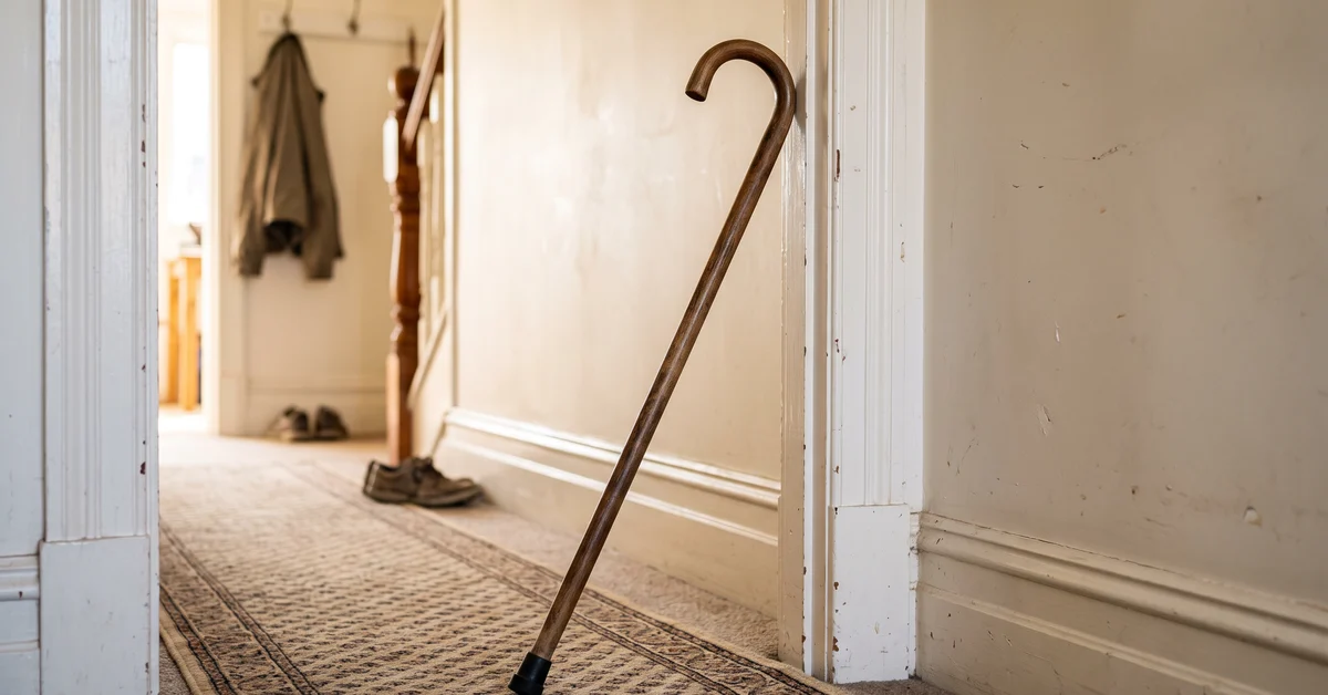 Walking cane propped in a doorway of a narrow, worn hallway with coats and shoes in the background.