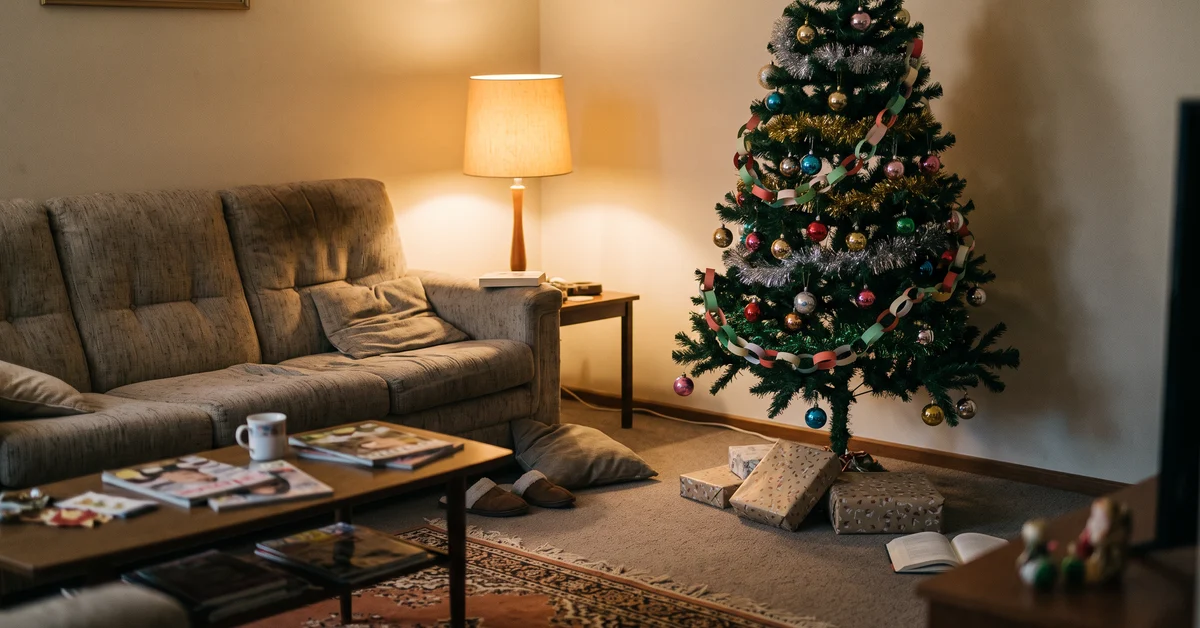 Decorated Christmas tree and presents in an empty suburban lounge room