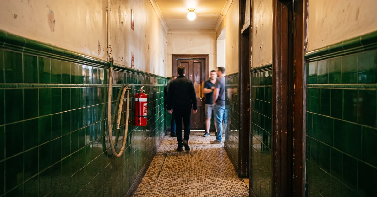 Narrow tiled pub corridor to the toilets under a bare bulb