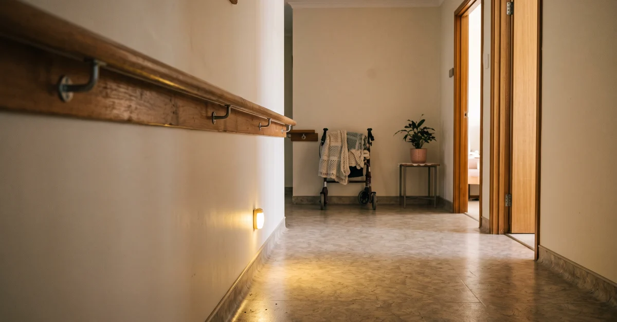 Handrail along an aged care corridor lit by a low nightlight