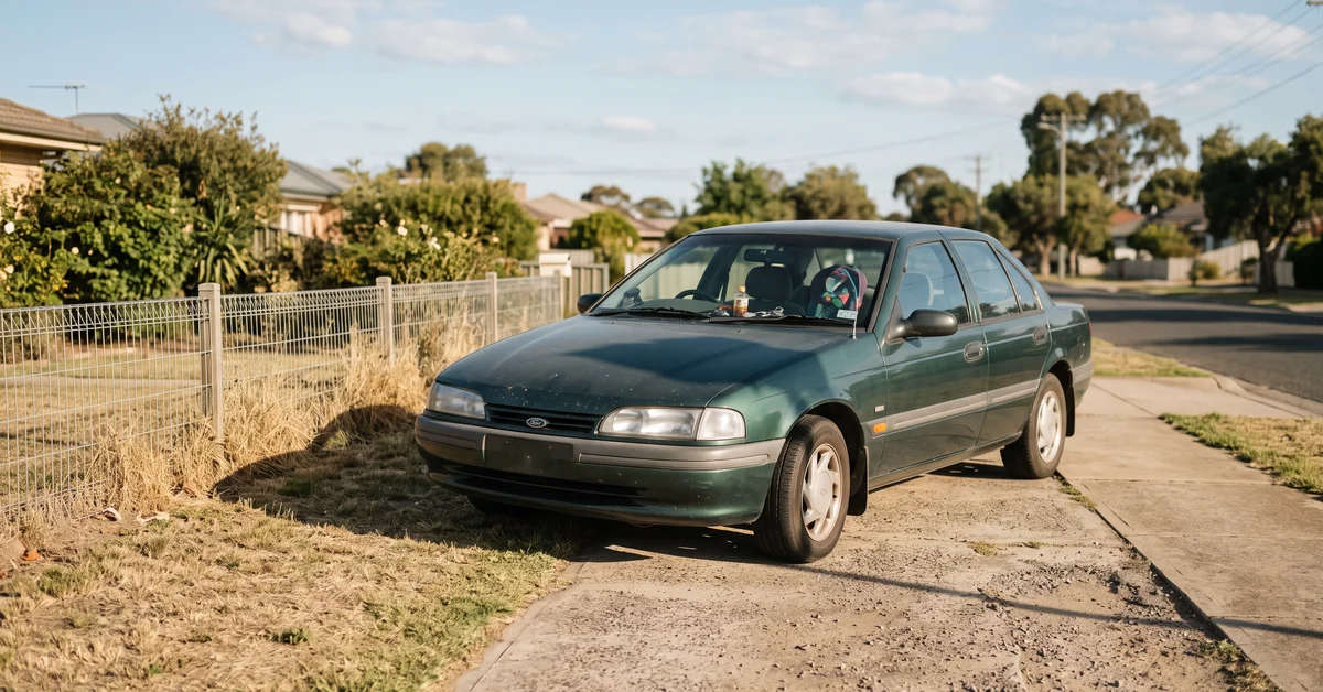 Car stopped at the end of a driveway blocked by a vehicle out of frame
