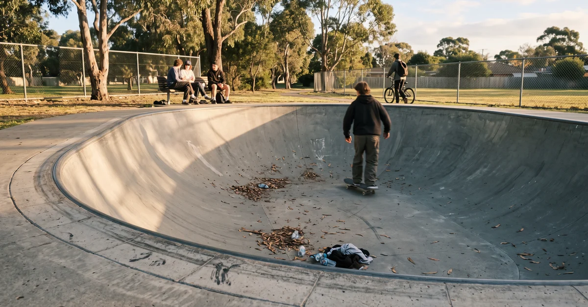 Child skateboards in a concrete skate bowl while onlookers sit on a bench nearby; a cyclist rides along the fence in a park.