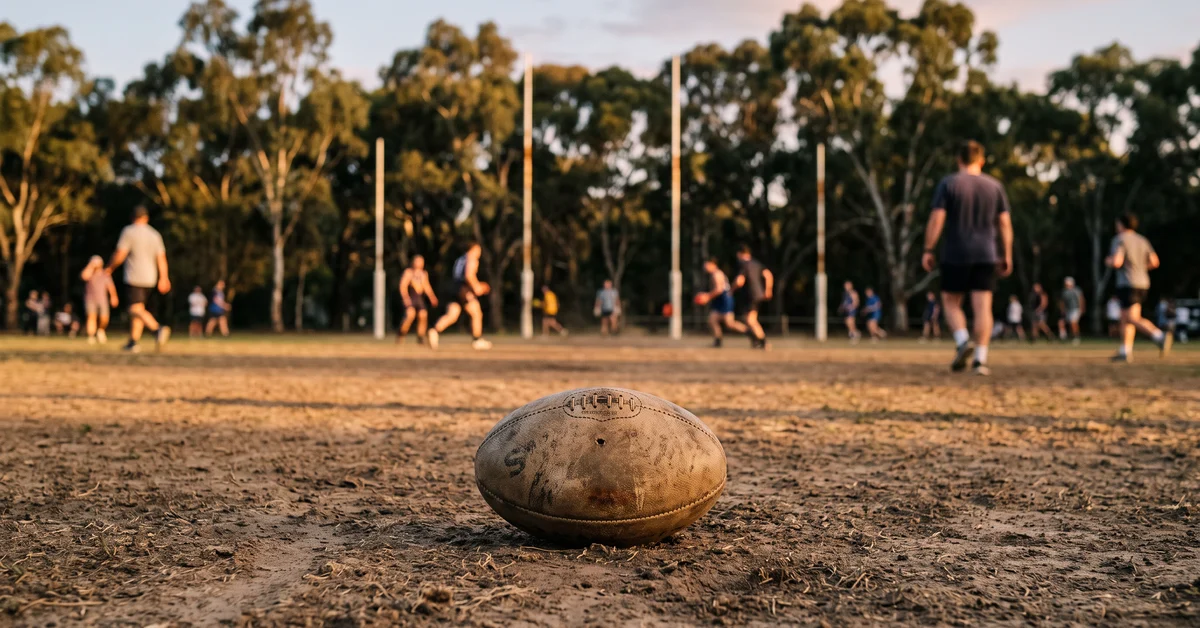 Football on a dusty oval at dusk with goalposts beyond