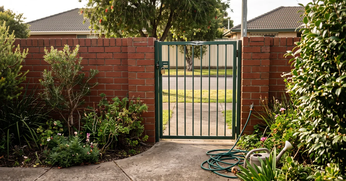 Locked front gate seen from inside the yard