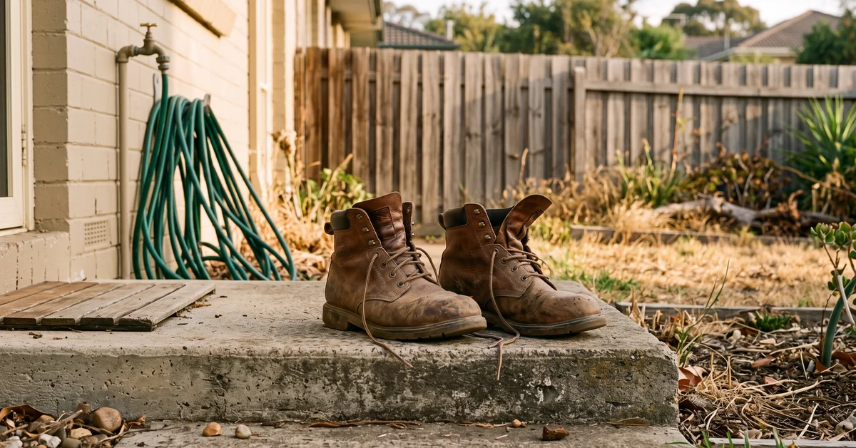 Scuffed work boots left by a suburban back step