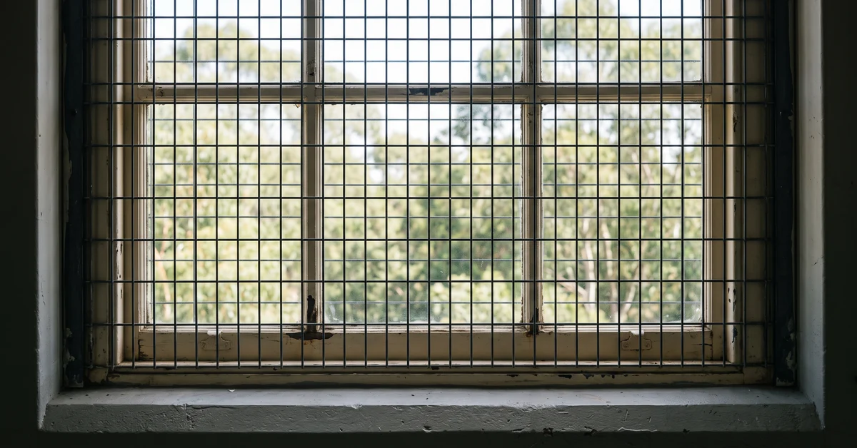 A barred window in a worn room, with a grid of metal bars and a view of trees and greenery outside the window sill.