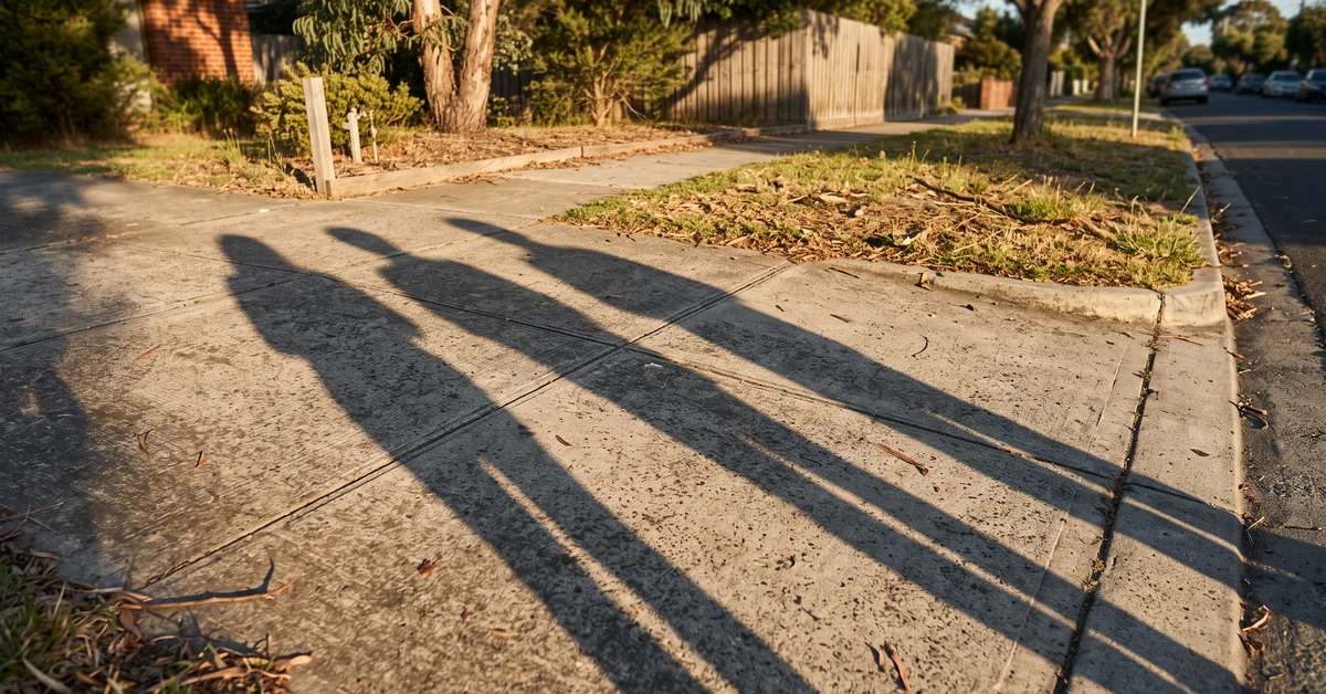 Three long shadows cast across a footpath by figures out of frame