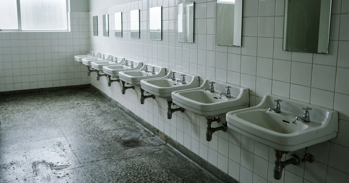 Row of old porcelain washbasins along a tiled dormitory wall