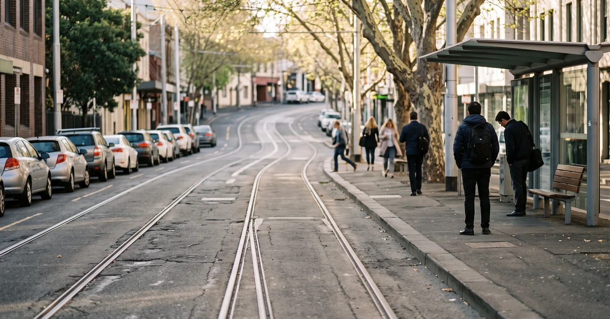 City street with tram tracks running down the center and cars parked along the left curb; pedestrians at a bus stop on the right.