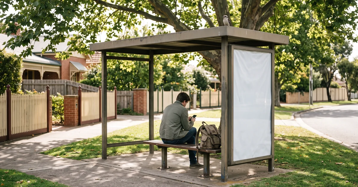 Person waiting at a suburban bus shelter in afternoon sun