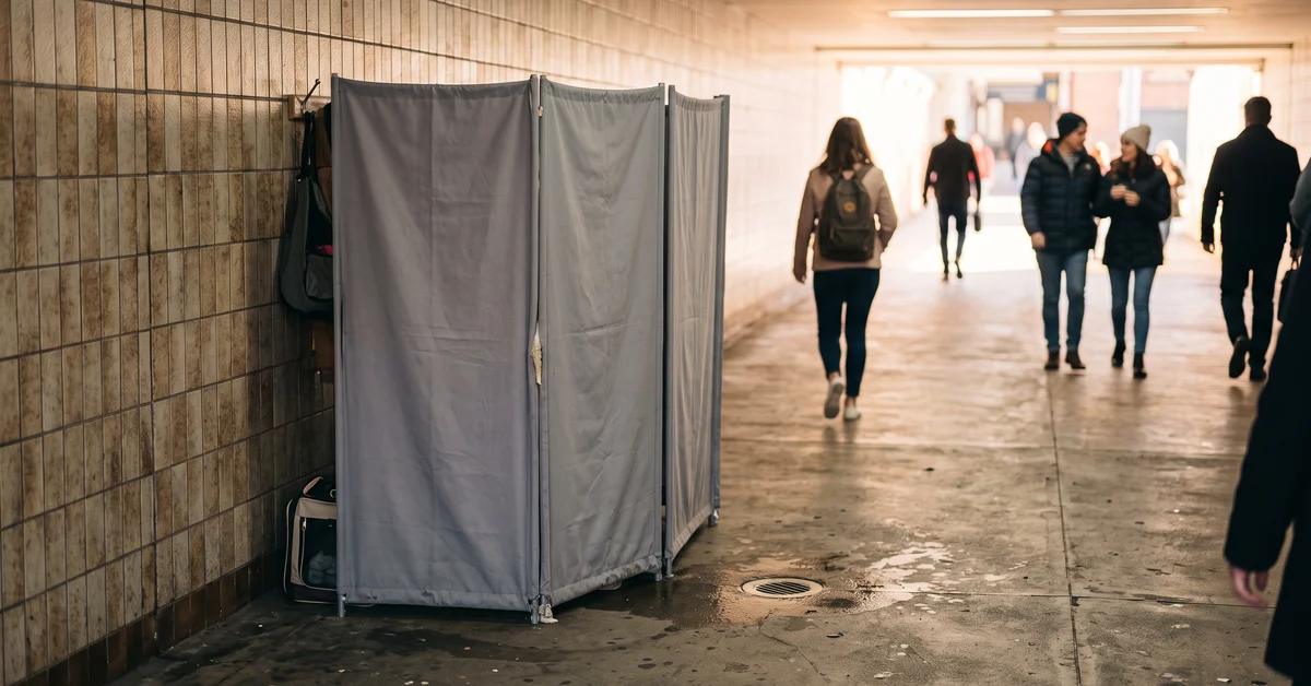 Temporary privacy screen set up in a station passageway