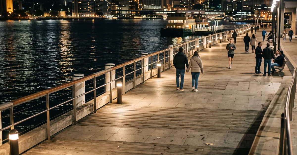 Harbourside promenade at night with lights reflected on the water