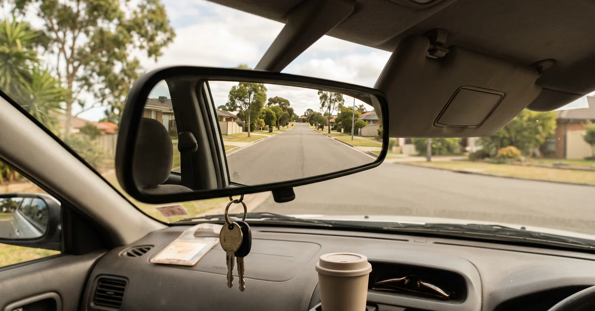 Rear-view mirror reflecting an empty road behind