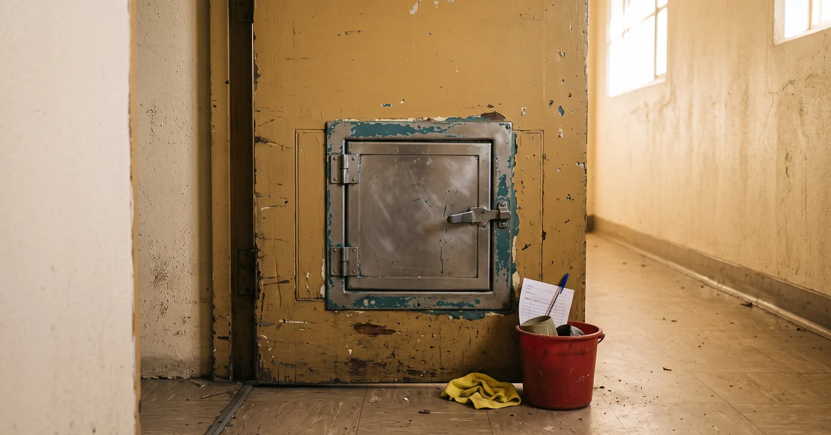 Closed serving hatch in a heavy cell door