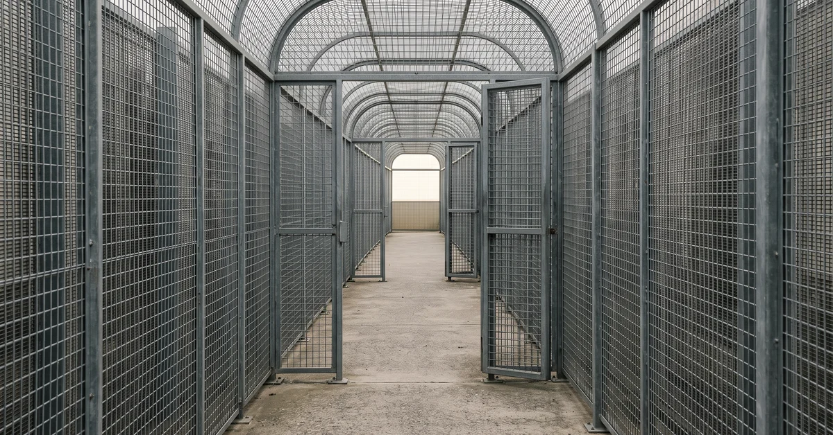 Two sets of caged gates in sequence along a walkway