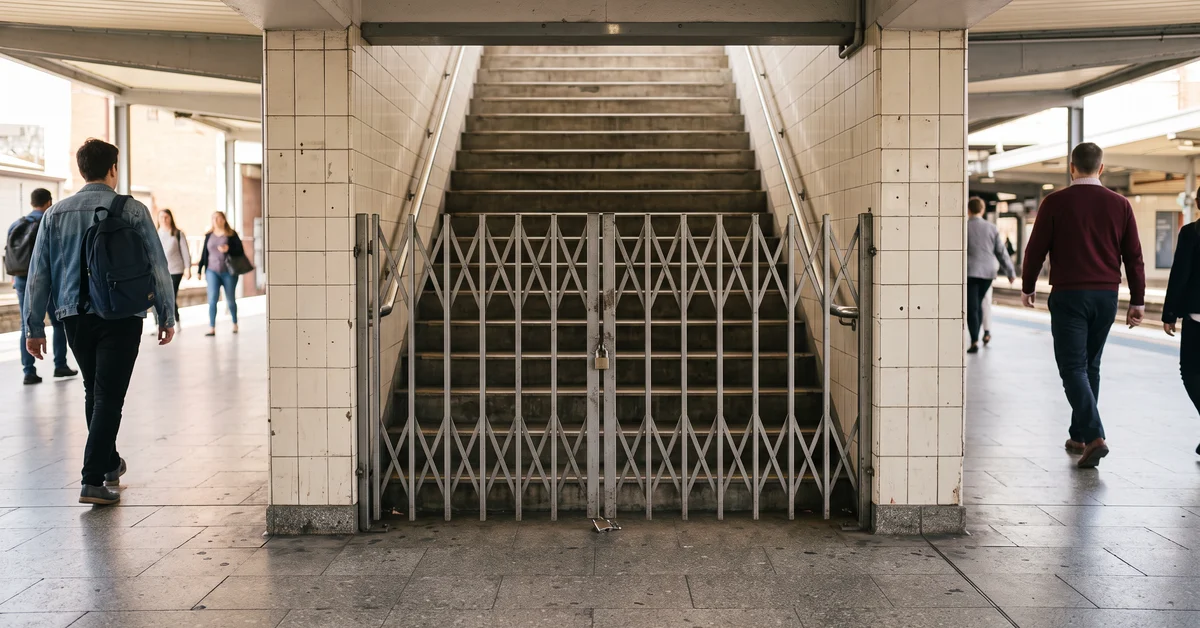 Barrier across the foot of a closed station stairway
