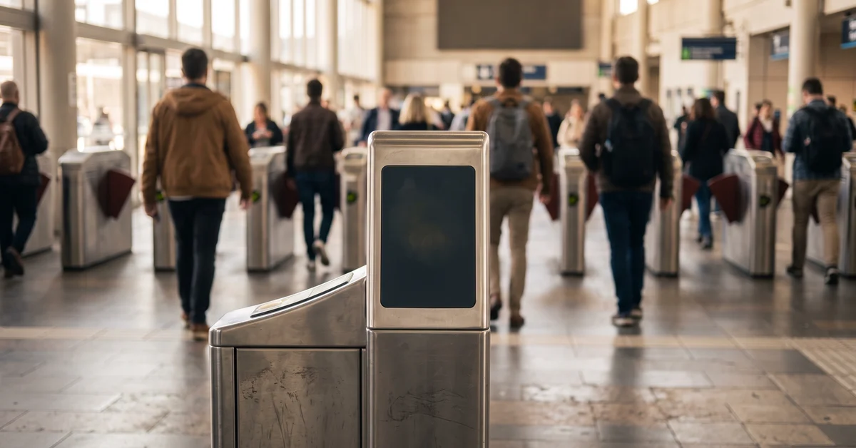 Card reader post on an empty station concourse